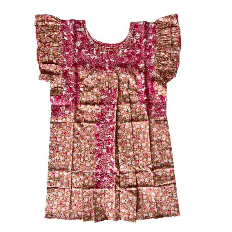 Pink/White Floral Flutter Sleeve Blouse (Medium) Everyday Stylish Blouse
