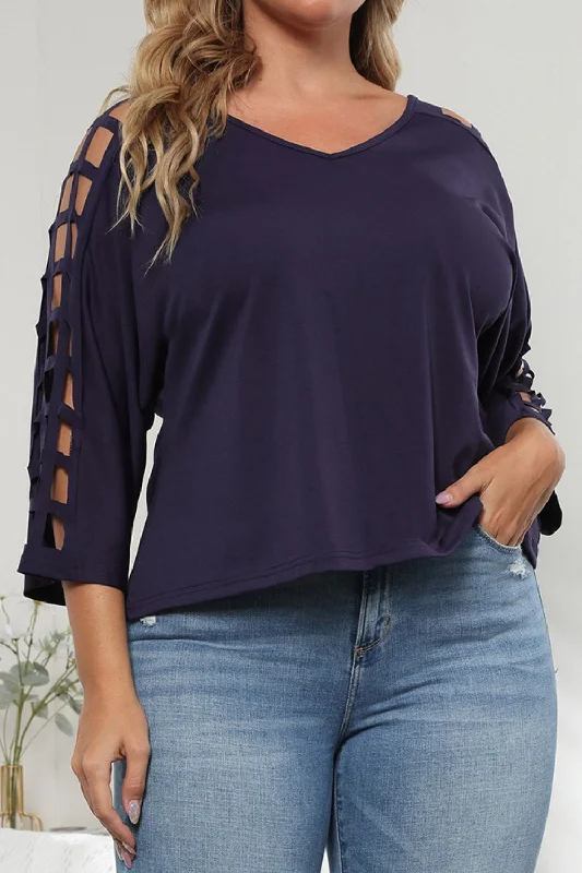 Plus Size Cutout Three-Quarter Sleeve Blouse Chic Wrap Blouse