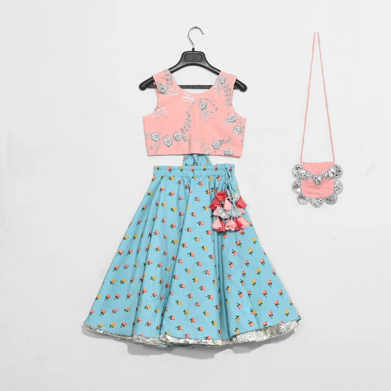Pre-Order: Pink Heavy Embroidered Blouse with Aqua Blue Printed Ghagara Elegant Lace Blouse Pre-Order: Pink Heavy Embroidered Blouse with Aqua Blue Printed Ghagara Elegant Lace Blouse