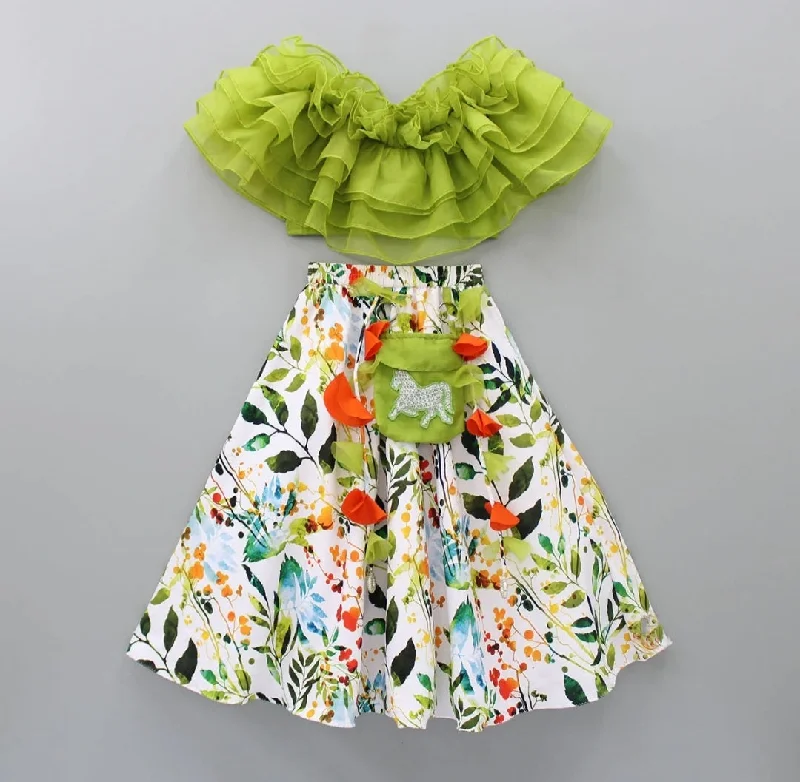 Pre-Order: Pista Green Ruffle Blouse with Leafy Printed Ghagra with Pouch Set Ruffled Neck Blouse Pre-Order: Pista Green Ruffle Blouse with Leafy Printed Ghagra with Pouch Set Ruffled Neck Blouse