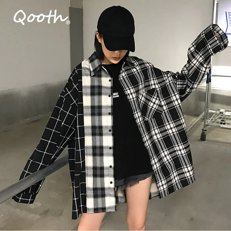 Qooth Women's Loose Plaid Blouse Spring Long Sleeve Student Check Blouses Casual Vintage Lady Tops Shirt Black Tops QH2220 Sweetheart Neck Blouse Qooth Women's Loose Plaid Blouse Spring Long Sleeve Student Check Blouses Casual Vintage Lady Tops Shirt Black Tops QH2220 Sweetheart Neck Blouse