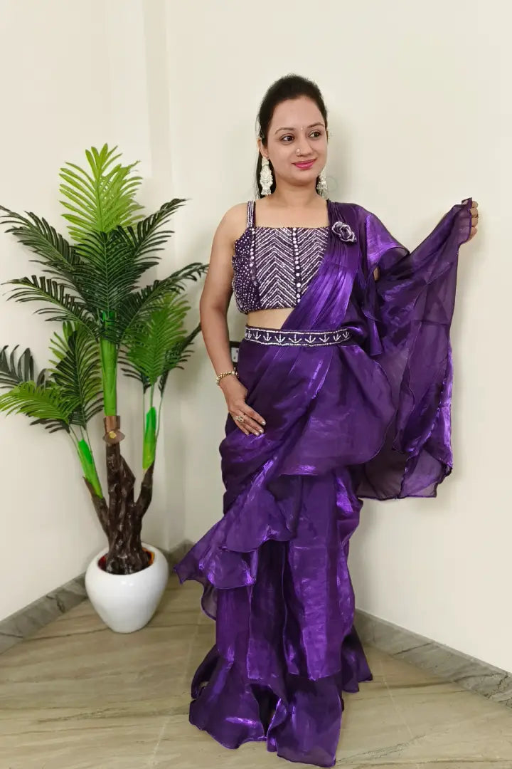Ready To Wear Drape Saree With Hand Embellished Blouse in Purple Airy Cotton Blouse