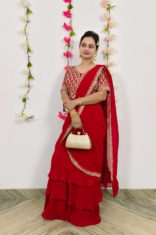 Ready to Wear Georgette Drape Saree With Hand Work Blouse in Red Lightweight Floral Blouse Ready to Wear Georgette Drape Saree With Hand Work Blouse in Red Lightweight Floral Blouse