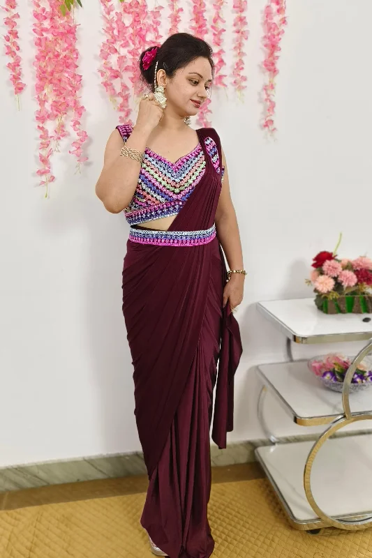 Ready To wear Partywear Drape Saree With hand Work Blouse With Belt In Wine Business Casual Blouse Ready To wear Partywear Drape Saree With hand Work Blouse With Belt In Wine Business Casual Blouse