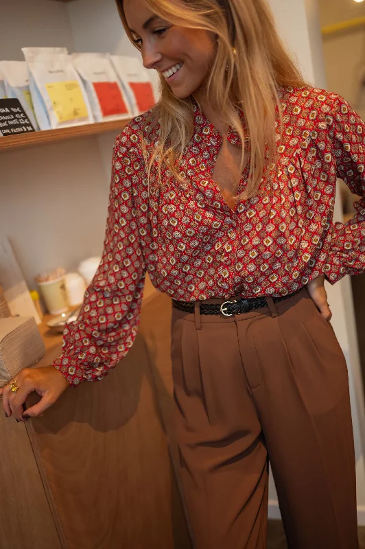 Red Patterned Morena Blouse Off-Shoulder Wrap Blouse