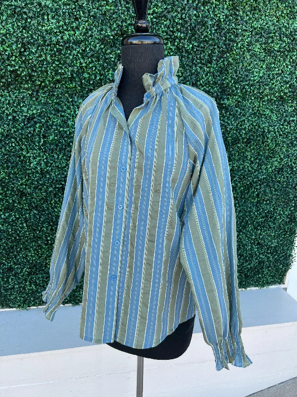 Long Sleeve Ruffle Neck Stripe Blouse Drape Neck Blouse