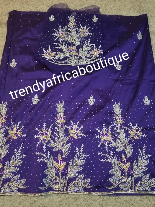 Sale: purple embroidery/stoned Taffeta Silk George wrapper for Nigerian women. 5yds wrapper + 1.8yds matching net for blouse.  Sold as a set. Embriodery/beads and stone work. Small-george, aso-ebi George Romantic Lace Blouse
