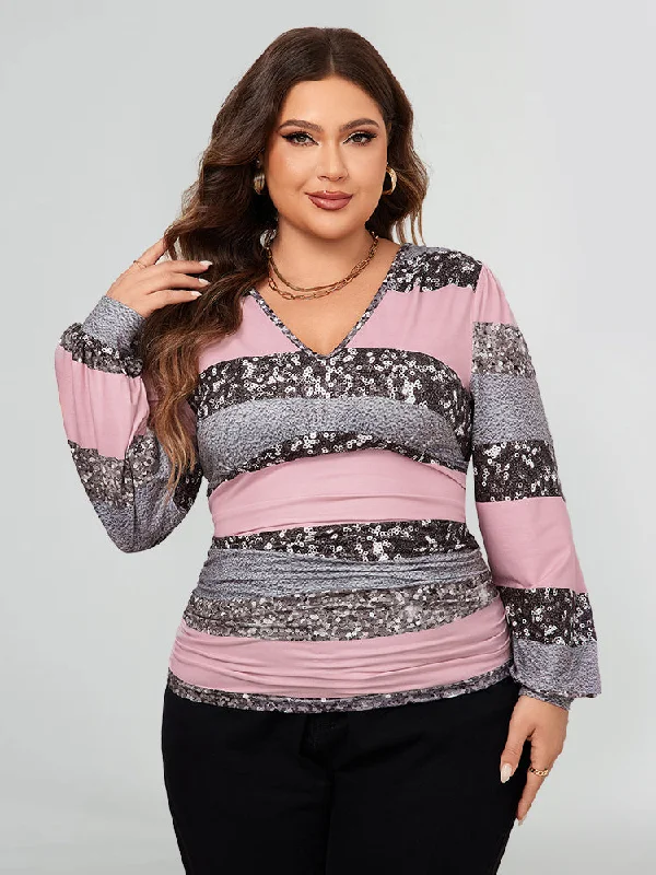 Contrast Sequin Colorblock Blouse Silky Tunic Blouse
