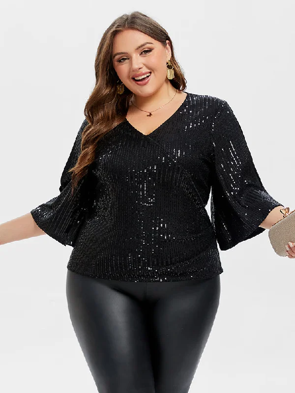 Sequin Cold Shoulder Blouse Ruched Sleeve Blouse