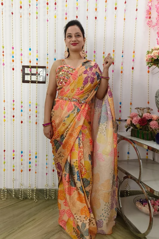 Spaghetti Style Designer Blouse Ready Made Printed  Saree In Satin Silk With Belt Slim Fit Blouse