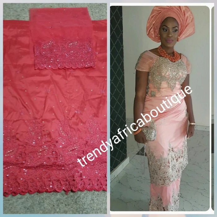 Special sale of quality coral Embroidery silk George wrapper + net blouse. Small-George. Sold as a set of 5yds wrapper and 1.8yds matching blouse Elegant Semi-Sheer Blouse Special sale of quality coral Embroidery silk George wrapper + net blouse. Small-George. Sold as a set of 5yds wrapper and 1.8yds matching blouse Elegant Semi-Sheer Blouse