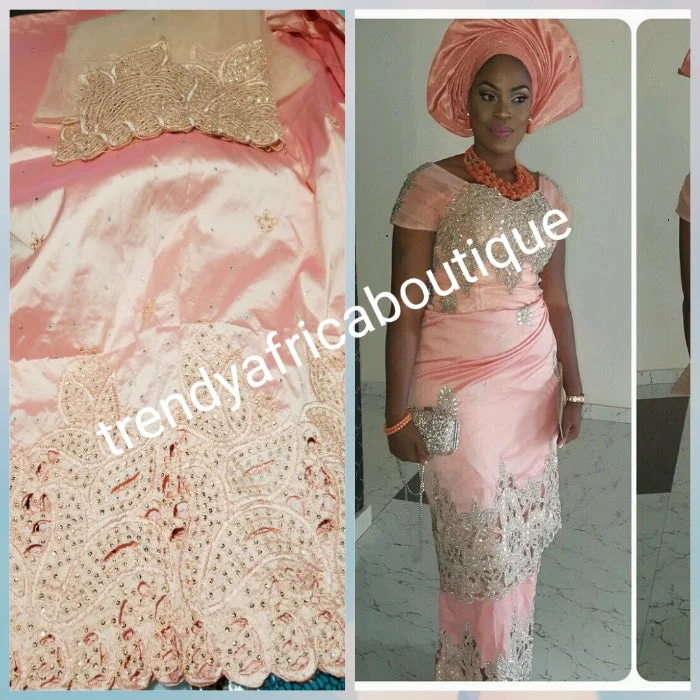 Special sale of quality Peach Embroidery silk George wrapper + net blouse. Small-George. Sold as a set of 5yds wrapper and 1.8yds matching blouse Modern Work Blouse Special sale of quality Peach Embroidery silk George wrapper + net blouse. Small-George. Sold as a set of 5yds wrapper and 1.8yds matching blouse Modern Work Blouse