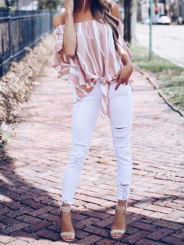 Stripe Off Shoulder Trumpet Sleeve Tops Shirt Blouses Double Button Blouse