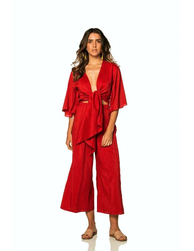 Sunny Red Wrap Blouse Airy Cotton Blouse
