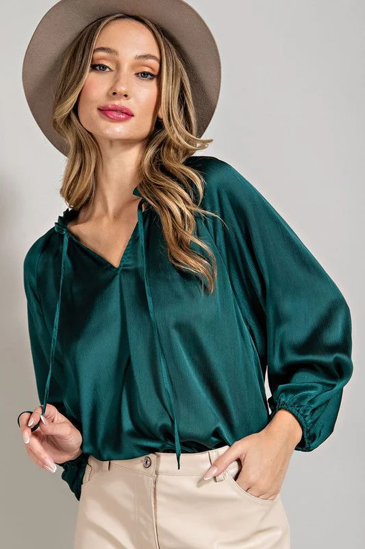 Tie Front V-Neck Blouse - Hunter Green Elegant Peplum Blouse