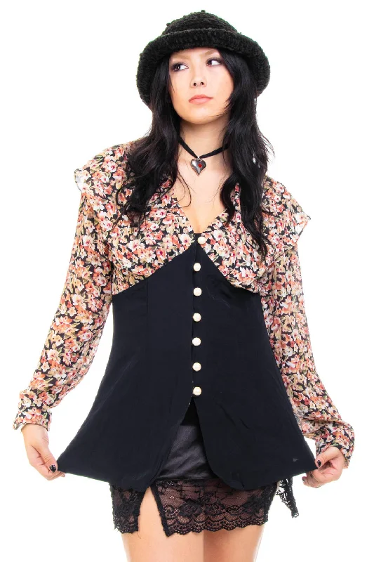 Vintage 90's Floral Button Me Up Blouse - S/M Gathered Detail Blouse