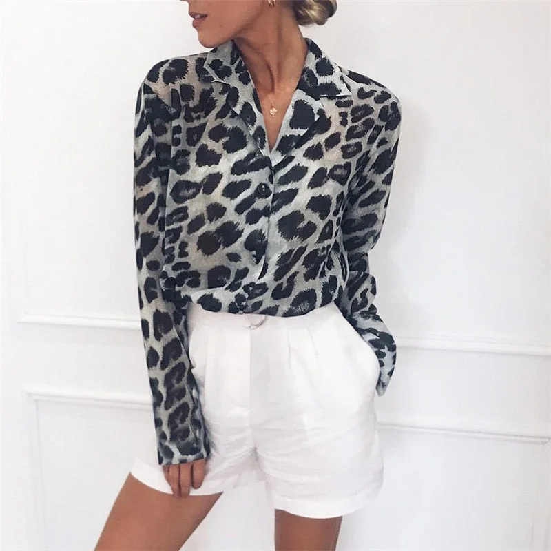 Vintage Blouse Long Sleeve Sexy Leopard Print Blouse Turn Down Collar Lady Office Shirt Tunic Casual Loose Tops Plus Size Blusas Oversized Silk Blouse