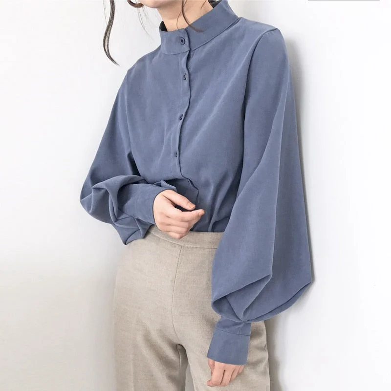 Vintage Lantern Sleeve Autumn Winter Thicken Women Shirt Blouses Single Breasted Blouse Female Loose Shirts Tops blusas mujer Semi-Sheer Blouse Vintage Lantern Sleeve Autumn Winter Thicken Women Shirt Blouses Single Breasted Blouse Female Loose Shirts Tops blusas mujer Semi-Sheer Blouse