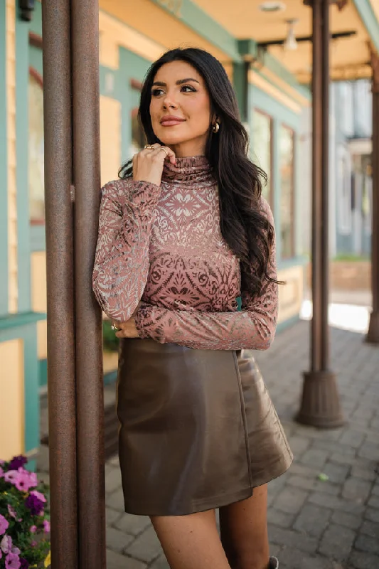 What A Wonderful World Mauve Velvet Printed Turtleneck Blouse FINAL SALE Semi-Sheer Blouse