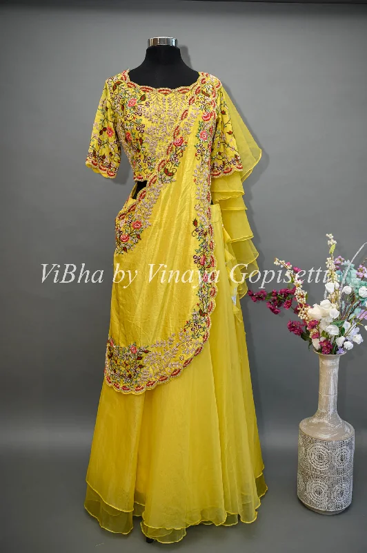 Yellow Lehenga with Embroidered Blouse and Detachable Draped Saree Dupatta Smart Casual Blouse Yellow Lehenga with Embroidered Blouse and Detachable Draped Saree Dupatta Smart Casual Blouse