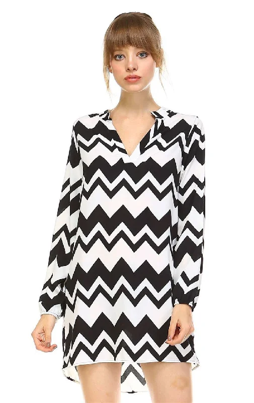 Tunic Top Blouse Black White Chevron Zigzag Black White Stylish Wrap Blouse