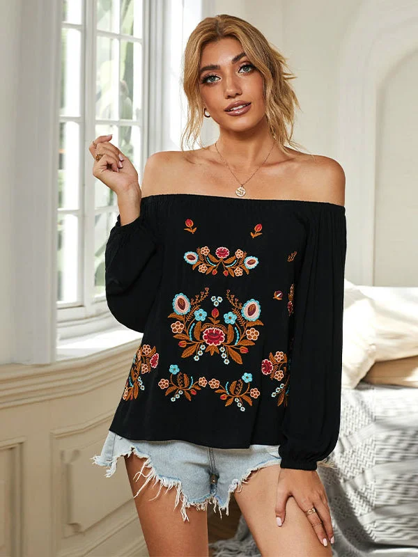 Off-the-shoulder Low Neckline Long Sleeve Blouse Women's Autumn Loose Plus Size Embroidered Pullover Elegant Silk Blouse Off-the-shoulder Low Neckline Long Sleeve Blouse Women's Autumn Loose Plus Size Embroidered Pullover Elegant Silk Blouse