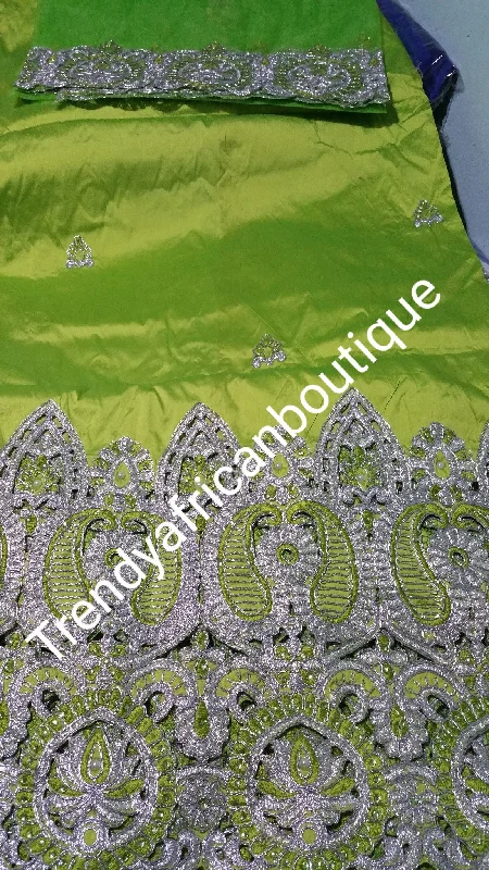 African Embroidery taffeta Silk George wrapper with matching blouse. Lemon green color. Small-George Chic Off-Shoulder Blouse African Embroidery taffeta Silk George wrapper with matching blouse. Lemon green color. Small-George Chic Off-Shoulder Blouse
