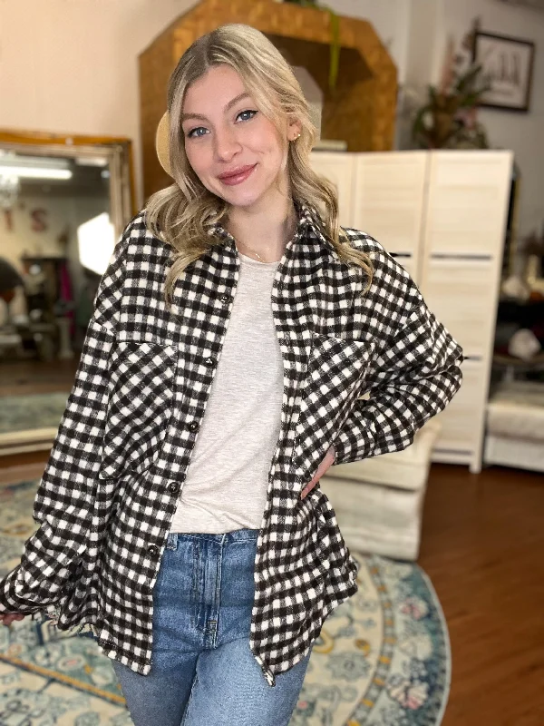 Brown and Cream Brushed Plaid Check Oversized Shacket Floral Chiffon Blouse