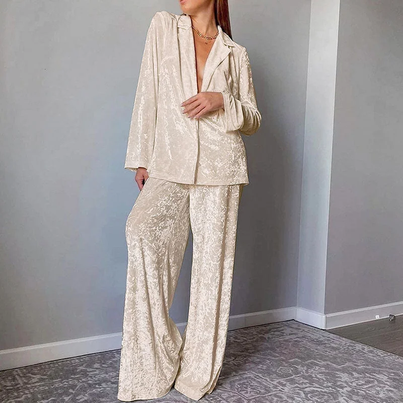 Chic Lapel Collar Deep V Button Up Blouse Wide Leg Pants Velvet Lounge Set Chic Off-Shoulder Blouse