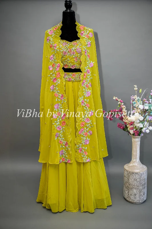 Citrus Green Lehenga with Embroidered Sleeveless Blouse and detachable Cape Mandarin Collar Blouse Citrus Green Lehenga with Embroidered Sleeveless Blouse and detachable Cape Mandarin Collar Blouse