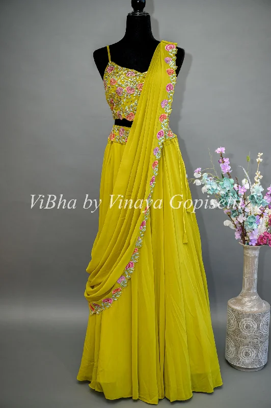 Citrus Green Lehenga with Embroidered Blouse and Draped Saree Dupatta Chic Wrap Blouse Citrus Green Lehenga with Embroidered Blouse and Draped Saree Dupatta Chic Wrap Blouse