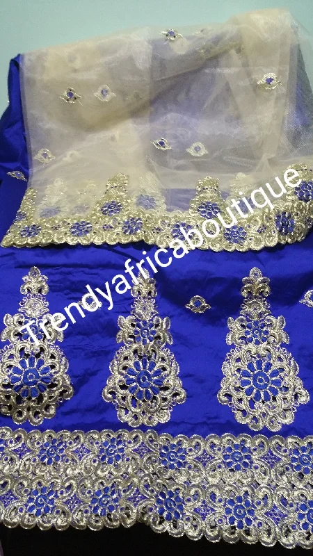 Embroidery Silk George wrapper with stones. 5yards royal blue/Champaign color matching net blouse. Small-George. Sold as a set Oversized Silk Blouse Embroidery Silk George wrapper with stones. 5yards royal blue/Champaign color matching net blouse. Small-George. Sold as a set Oversized Silk Blouse