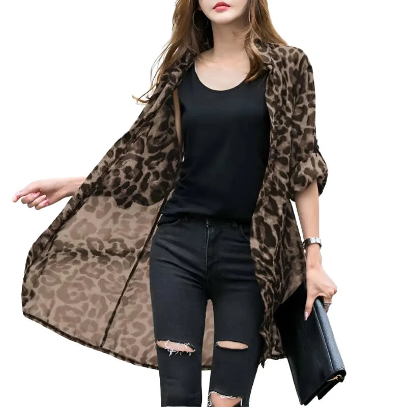 Leopard Cardigans Women's Summer Blouses Long Kimono Cape Female Lapel Tunic Satin Long Blouse