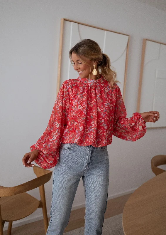 Floral Coral Doma Blouse Textured Cotton Blouse