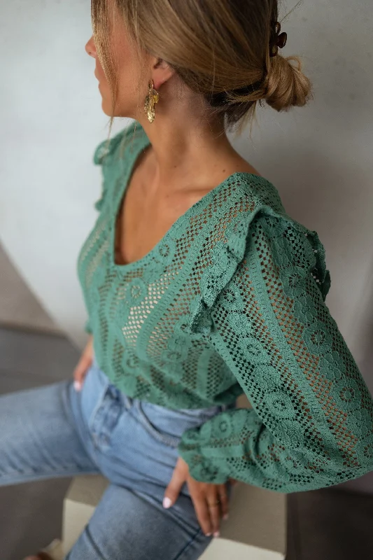 Green Lace Mencia Blouse Feminine Satin Blouse