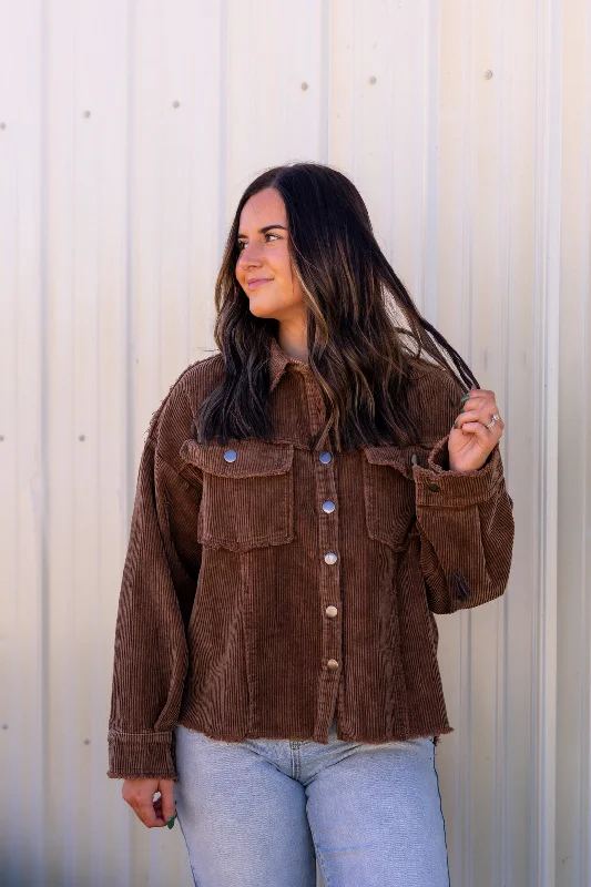 Sophia Corduroy Shacket | Brown Silky Tunic Blouse