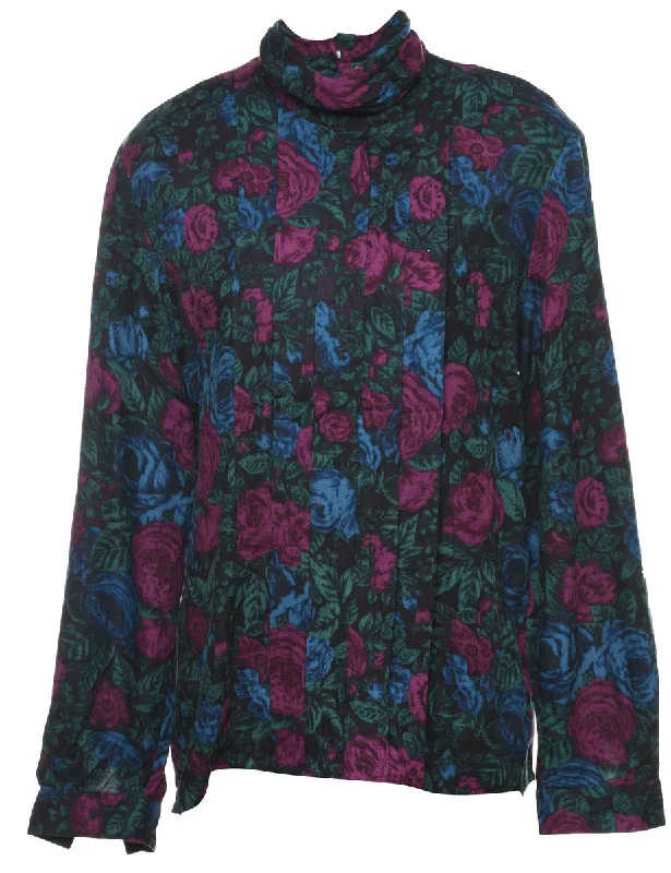 High Neck Floral Blouse - L Embellished Collar Blouse