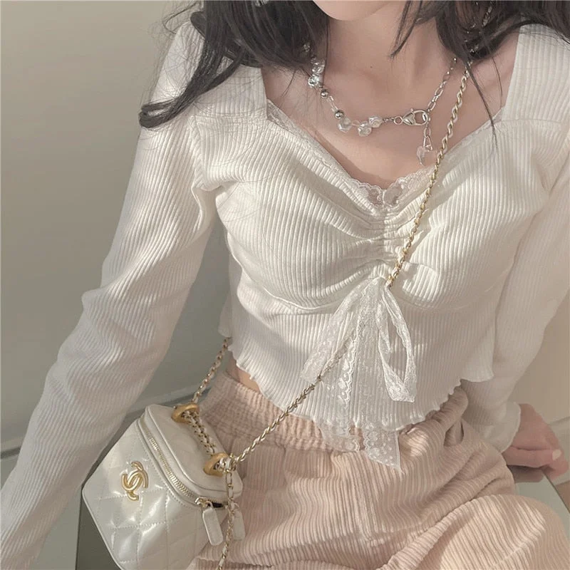 hoombox Autumn White Kawaii Lolita Female Blouse Lace Japanese Sweet Long Slevee Tops Women Knitted Casual Korean Designer Clothing Soft Pastel Blouse