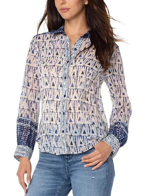 Liverpool Button Down Grecian Tile Blouse Soft Modal Blouse