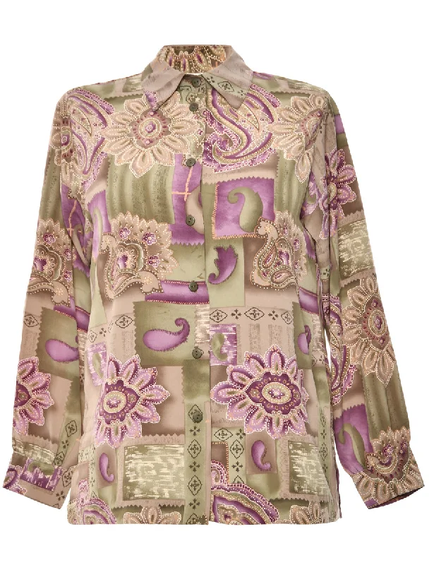 Long-Sleeved Green & Purple Paisley Blouse - M Elegant Semi-Sheer Blouse