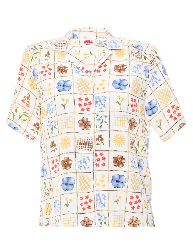 Multi-Colour Floral Button-Front Blouse - M Mandarin Collar Blouse