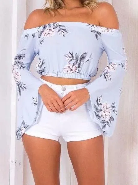 Off Shoulder Print Long Sleeve Casual Tops Shirts Blouse Side Tie Blouse