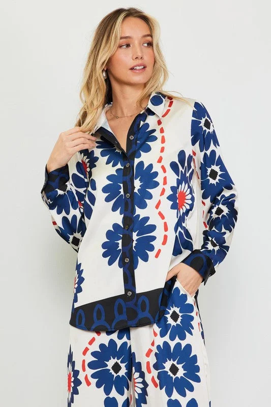 Printed Long Sleeve Button Down Blouse Polished Work Blouse