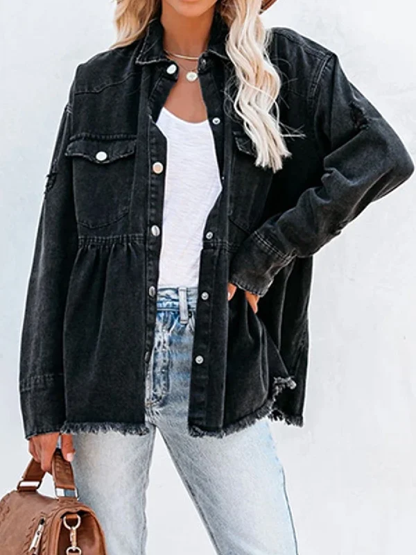 Raw Hem Distressed Denim Shacket Short Sleeve Blouse