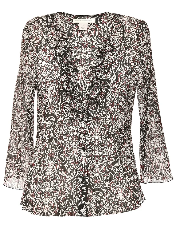 Ruffle Front Button Front Black Blouse - M Casual Button Blouse