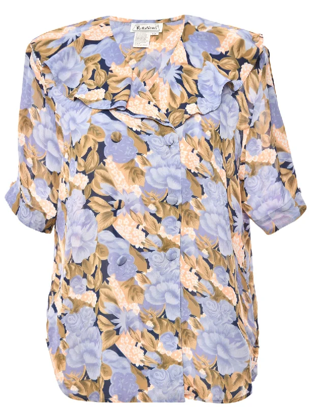 Ruffle Front Purple Notations Blouse - L Lightweight Chiffon Blouse