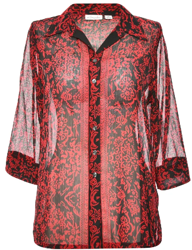 Sheer Long Sleeved Red Blouse - M Puff Sleeve Blouse
