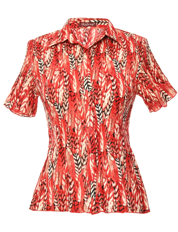Short-Sleeve Red Abstract Blouse - M Casual Stripe Blouse