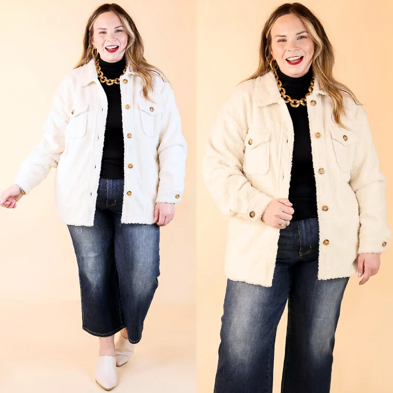Snowy Afternoon Button Up Sherpa Shacket in Ivory Satin Drape Blouse