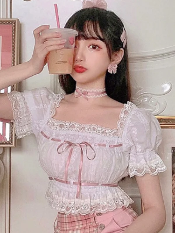 Summer Japanese Lolita Kawaii Blouse Women Lace Pink France Sweet Cute Blouse Female Puff Sleeve Korean Style Crop Tops  New Relaxed Fit Blouse
